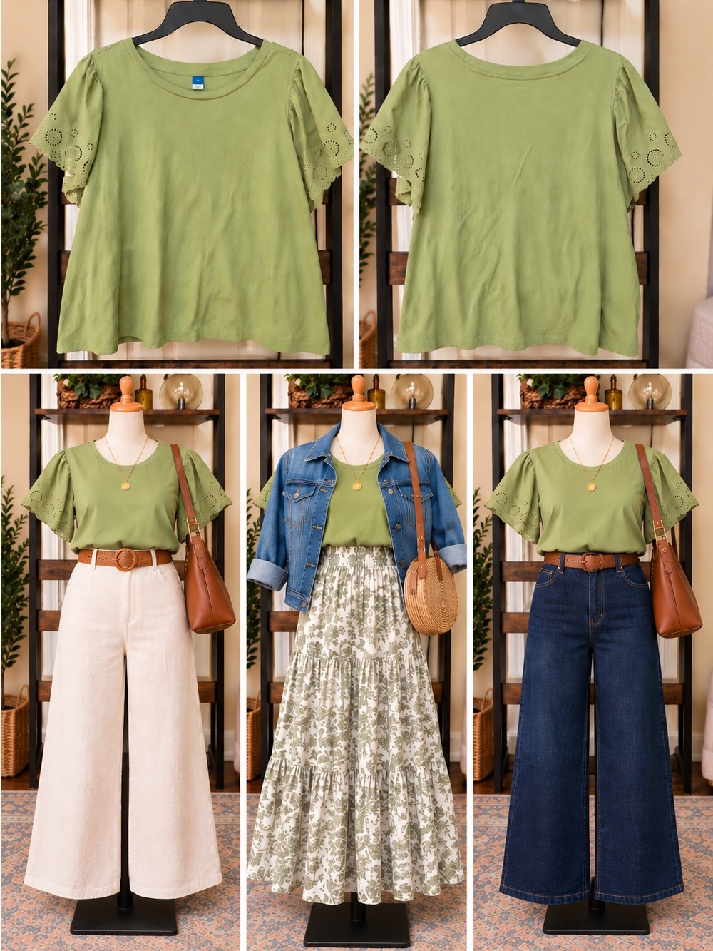 Old Navy Olive Green Eyelet Flutter Sleeve Top